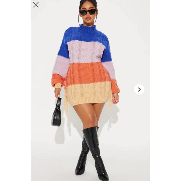 NWT Fashion Nova Sweater Dress Raya Cable Knit Color Block Fringe Rainbow Sz L - Picture 2 of 10